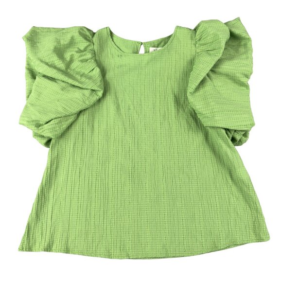 THML Green Puff Sleeve Blouse M Textured Grid Top Statement Ruffle Sleeve - Picture 1 of 6